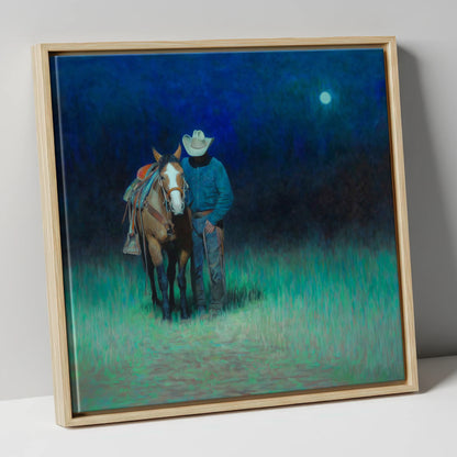 Under the Western Moon western horse canvas wall art in natural frame