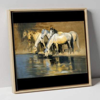 Reflections of the Herd wild horses canvas wall art in natural frame