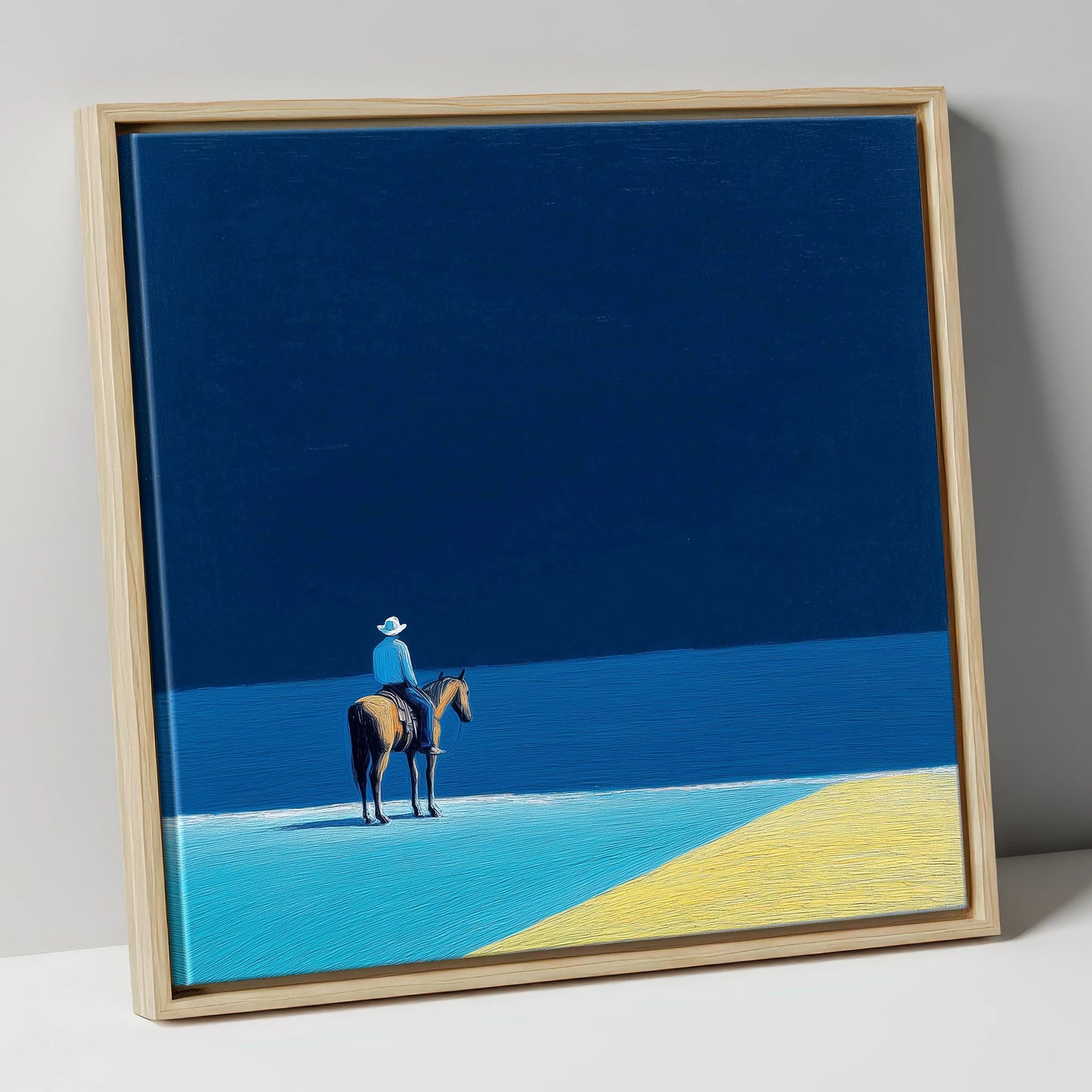 The Vast Blue beach horse canvas wall art in natural frame