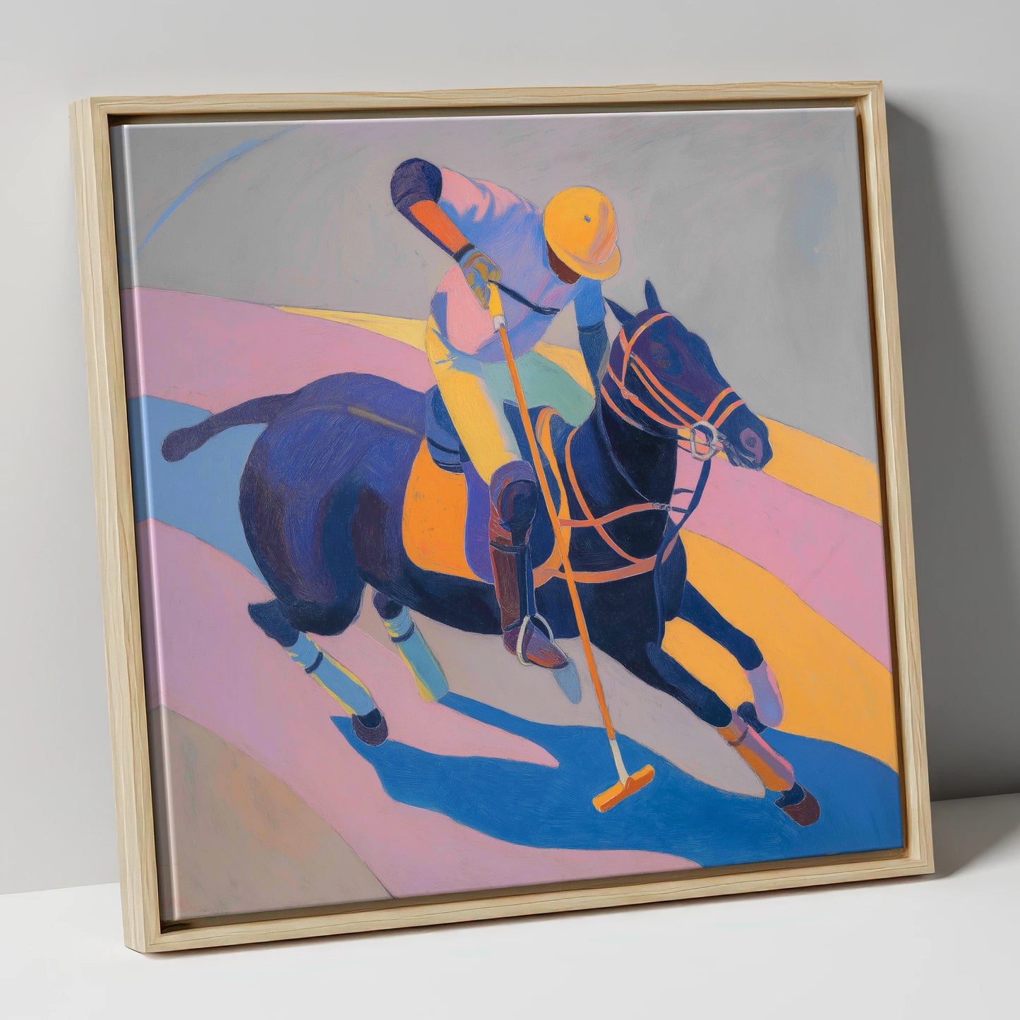 Vibrant Polo Charge polo horse canvas wall art in natural frame