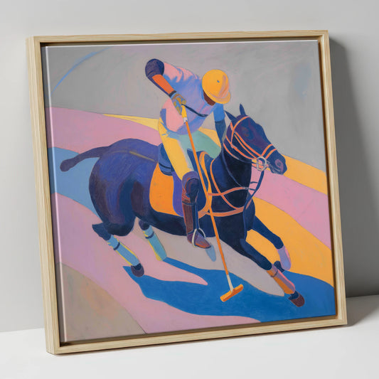 Vibrant Polo Charge polo horse canvas wall art in natural frame