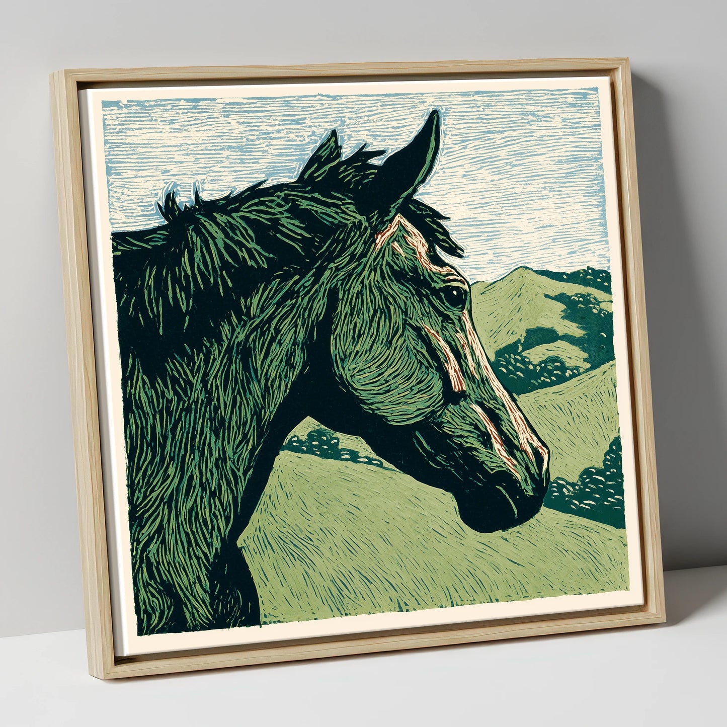 Verdant Valley Gaze horse portrait canvas wall art in natural frame
