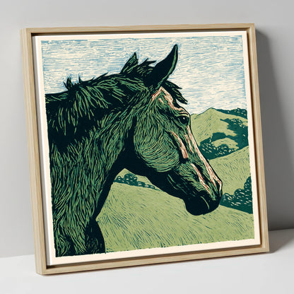 Verdant Valley Gaze horse portrait canvas wall art in natural frame