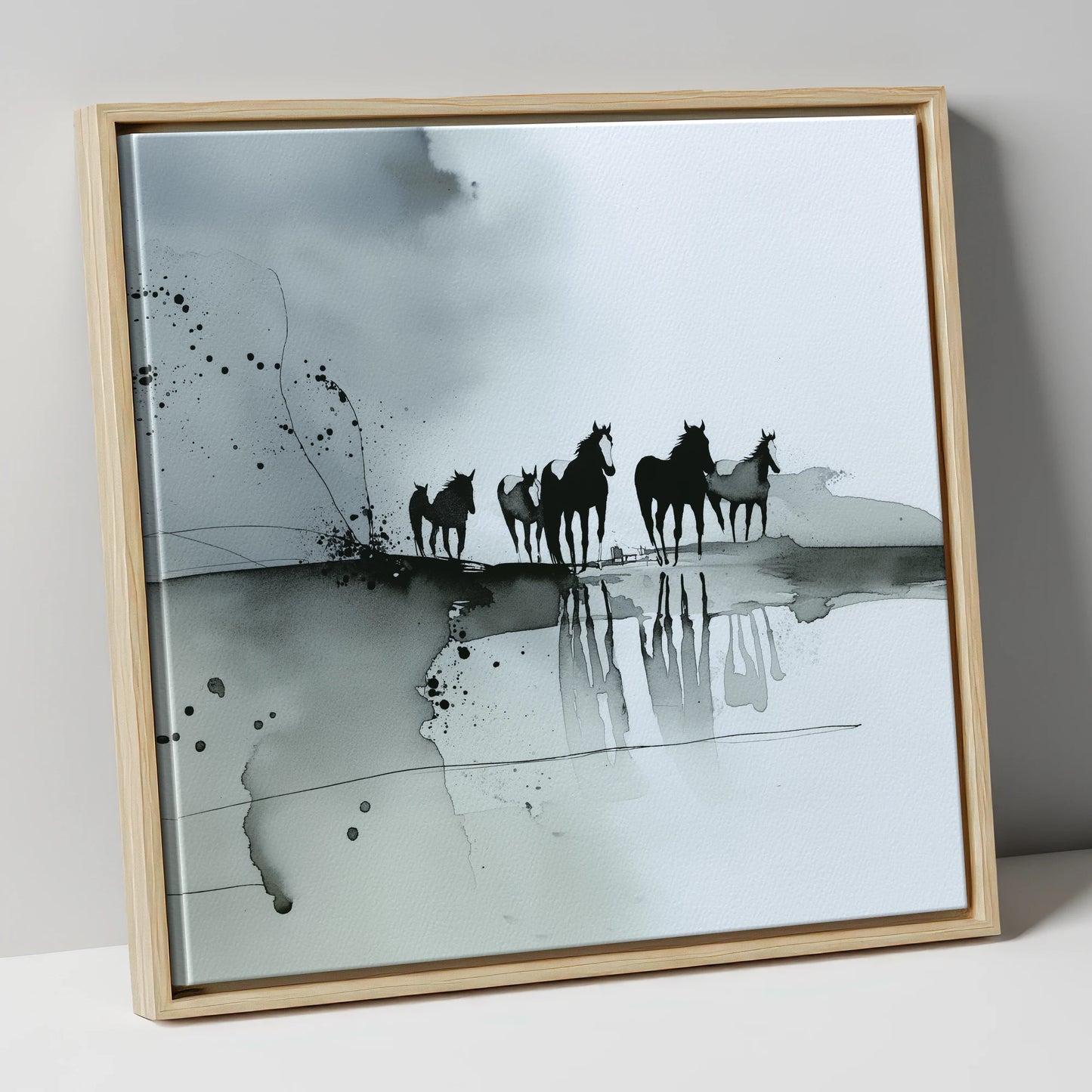 Reflections of the Wild Herd wild horses canvas wall art in natural frame