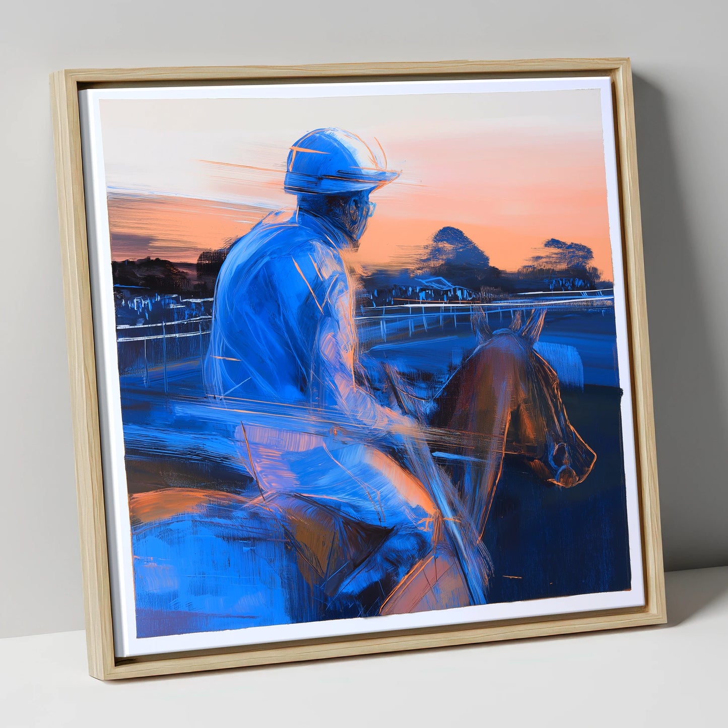 Dawn on the Gallops racing horse canvas wall art in natural frame