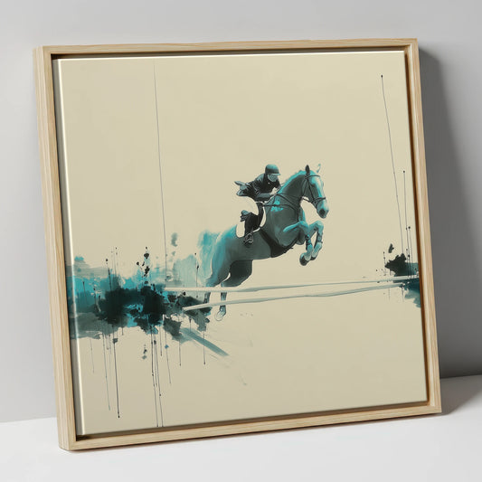 Teal Ascent show jumping horse canvas wall art in natural frame