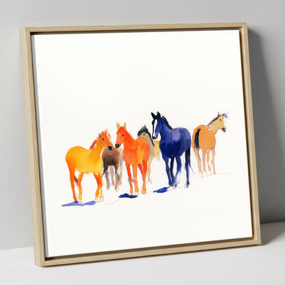 Vibrant Herd horse landscape canvas wall art in natural frame