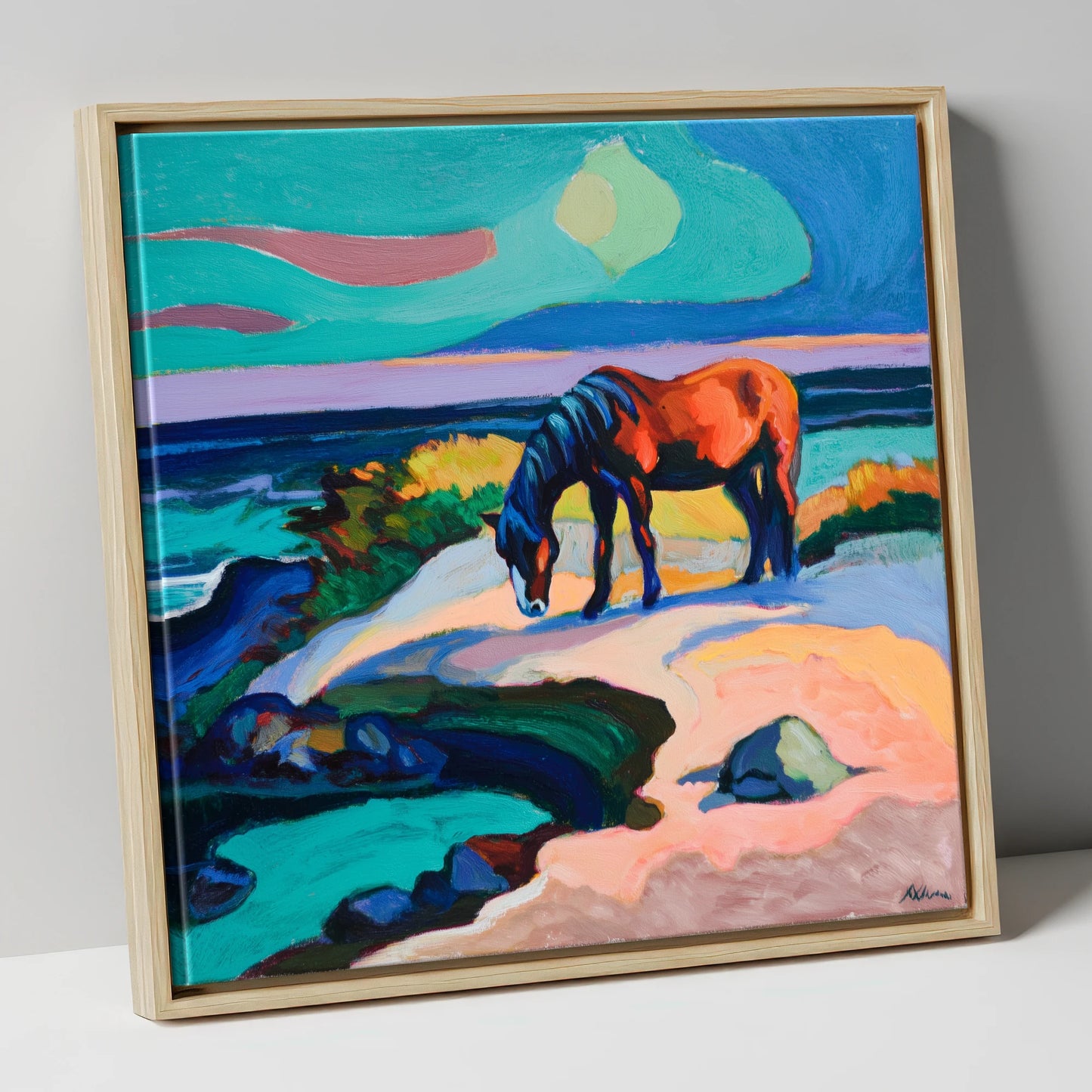 Vibrant Coastal Graze horse landscape canvas wall art in natural frame