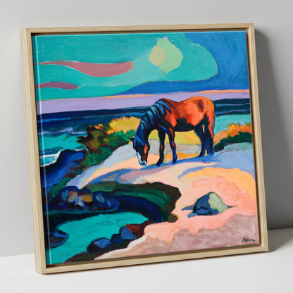 Vibrant Coastal Graze horse landscape canvas wall art in natural frame