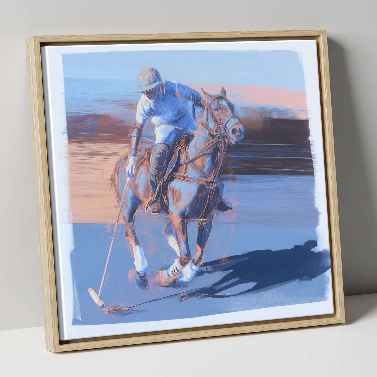 The Cobalt Chukka polo horse canvas wall art in natural frame