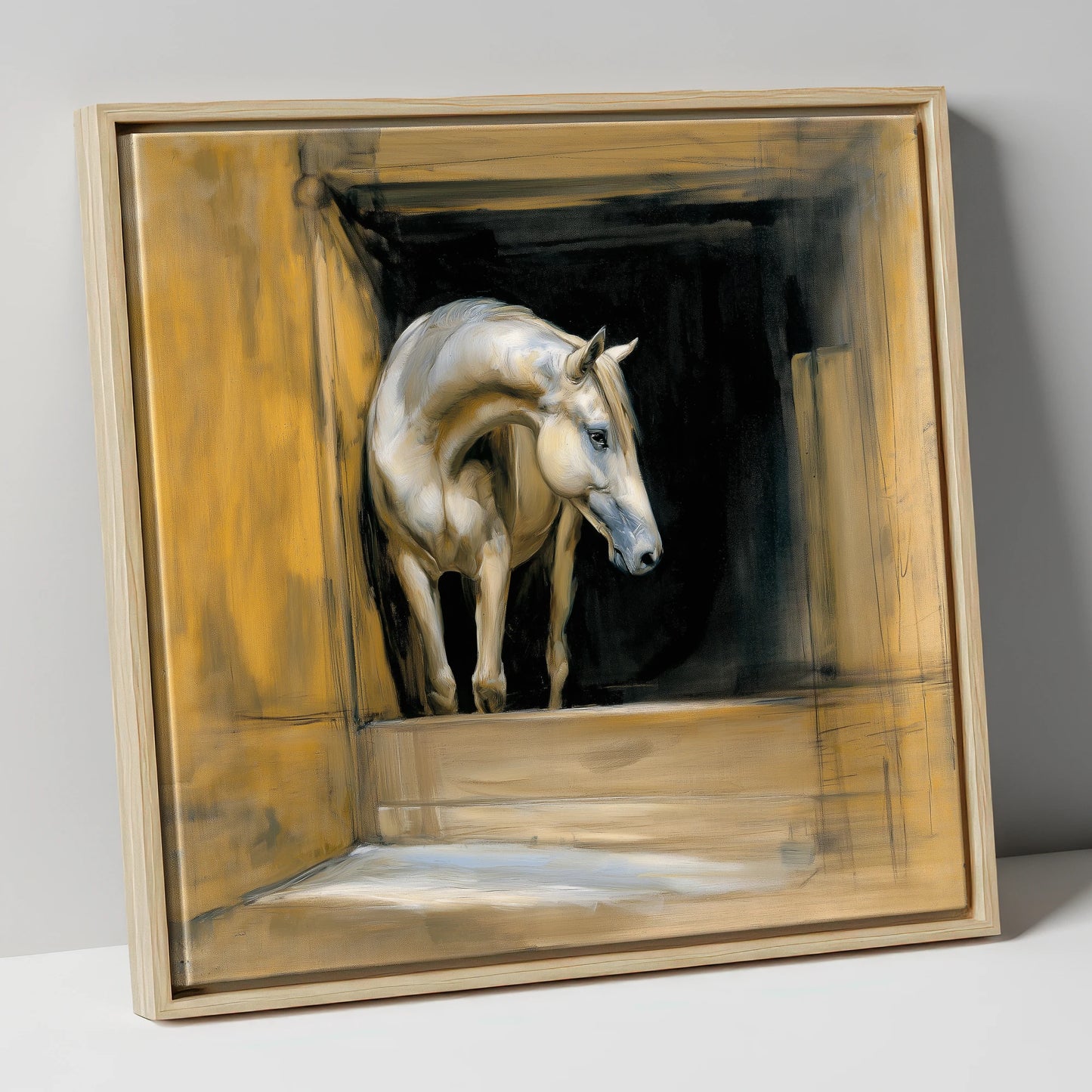 Quiet Anticipation horse stable canvas wall art in natural frame