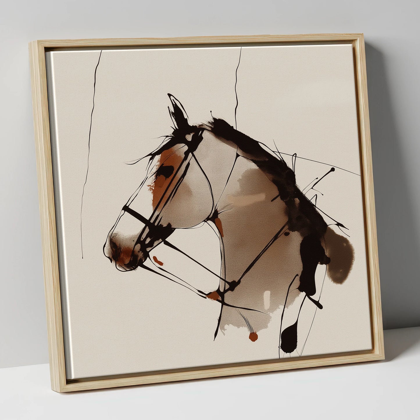 Raw Ink Equine Profile horse portrait canvas wall art in natural frame