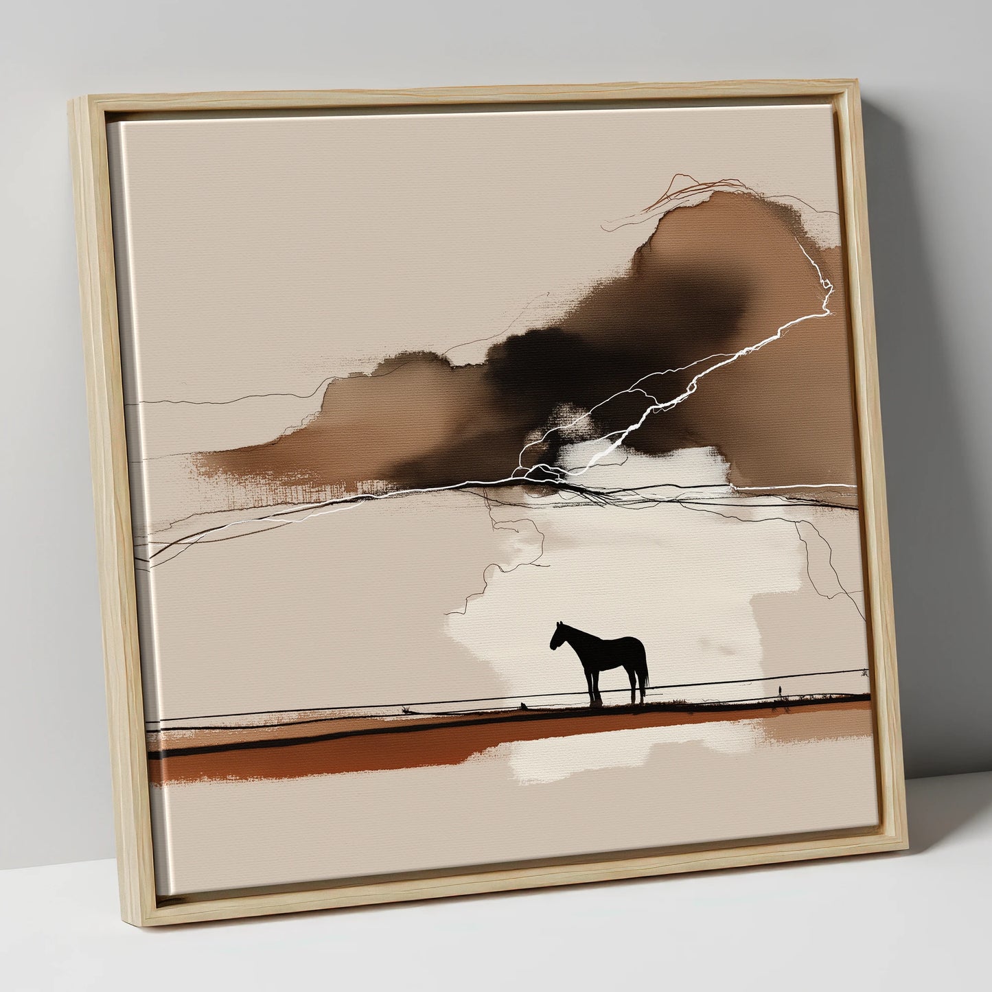 Distant Thunder horse landscape canvas wall art in natural frame