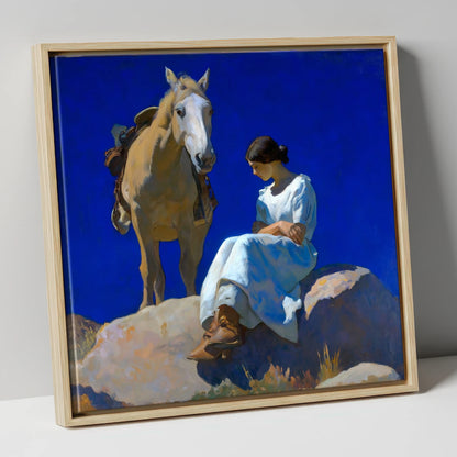 Beneath Azure Skies horse & rider canvas wall art in natural frame