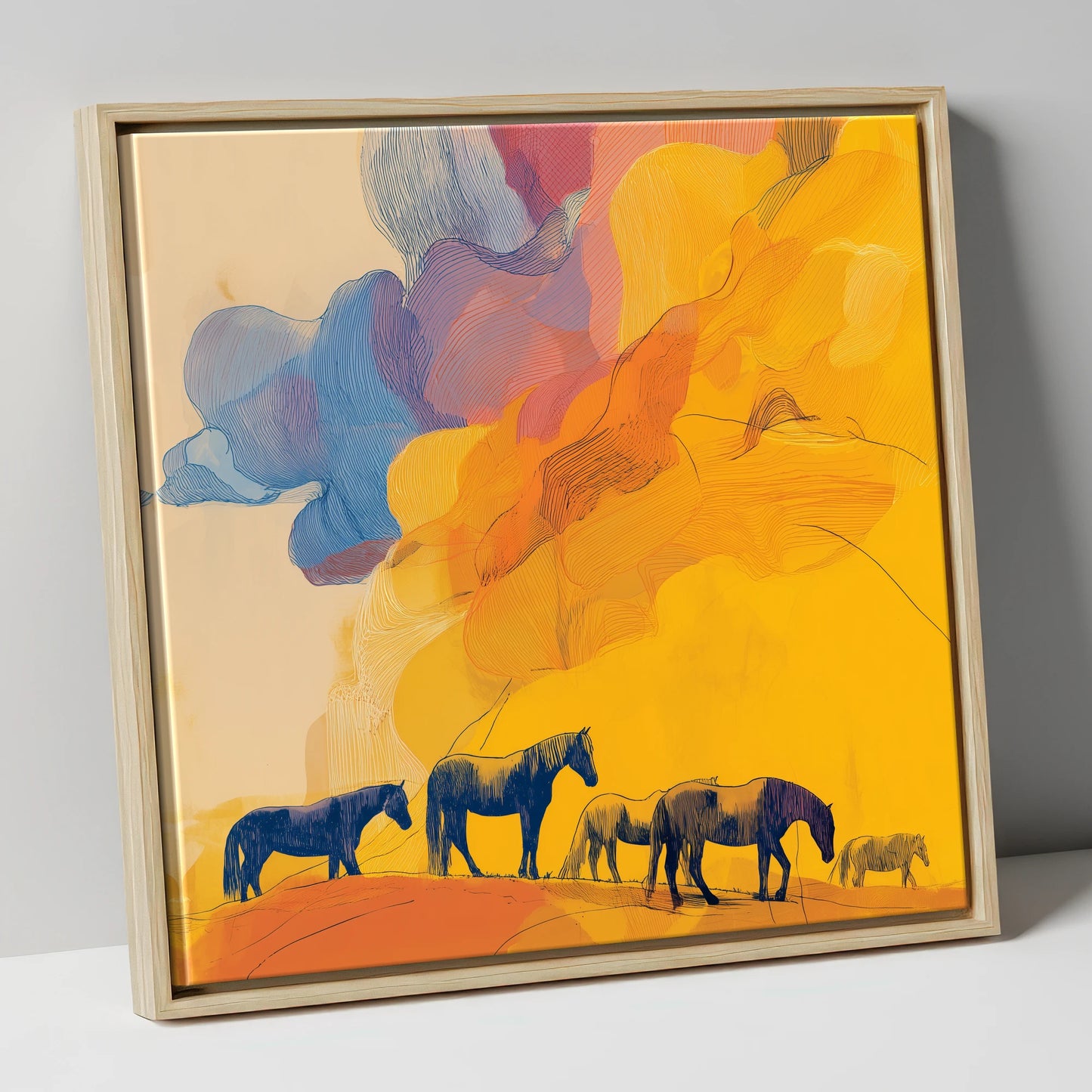 Golden Horizon Herd horse landscape canvas wall art in natural frame