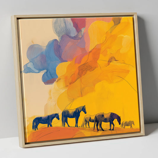 Golden Horizon Herd horse landscape canvas wall art in natural frame
