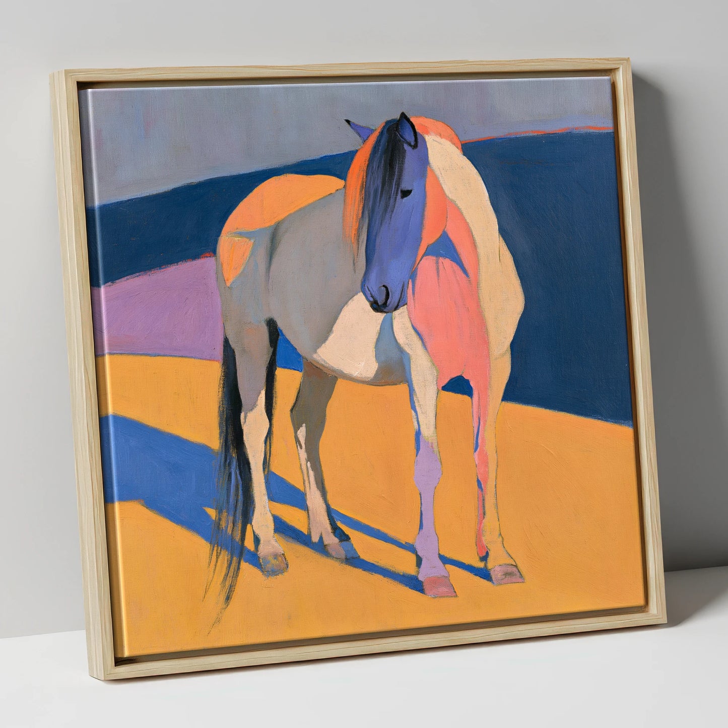 Vibrant Colour Block Standing Horse horse breed canvas wall art in natural frame