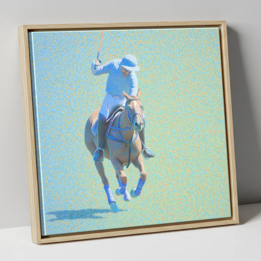 The Shimmering Chukka polo horse canvas wall art in natural frame