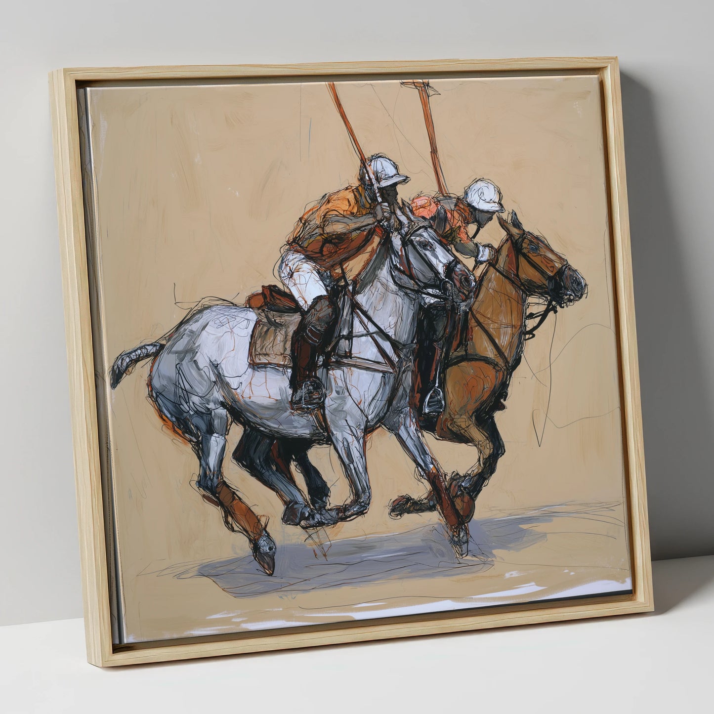 The Midfield Duel polo horse canvas wall art in natural frame