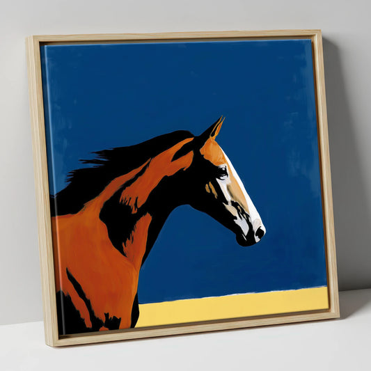 Vibrant Bay Gallop racing horse canvas wall art in natural frame