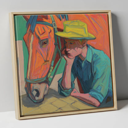 Quiet Companionship horse & rider canvas wall art in natural frame