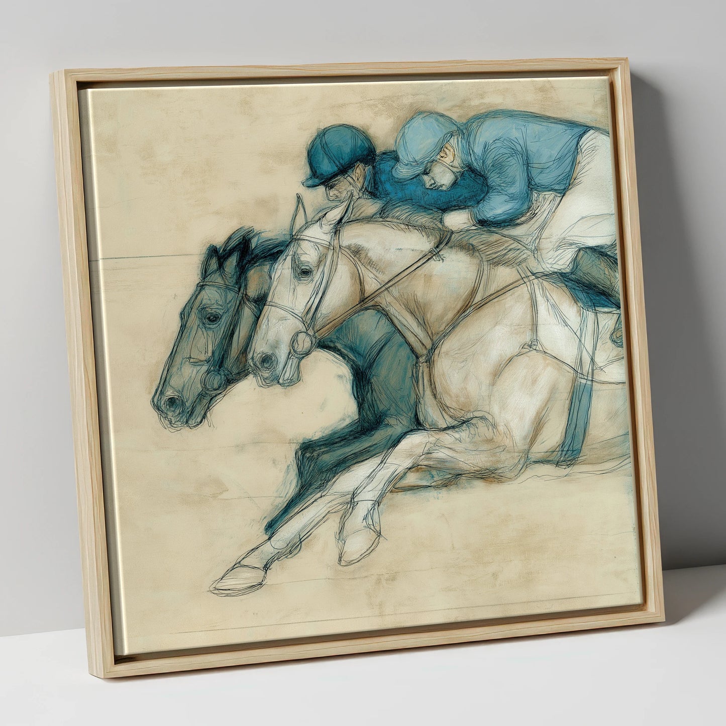 Neck and Neck racing horse canvas wall art in natural frame
