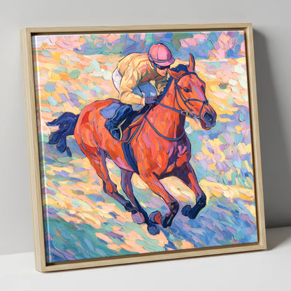 Vibrant Final Furlong racing horse canvas wall art in natural frame