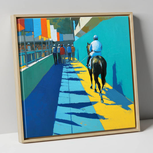Walk to the Start racing horse canvas wall art in natural frame