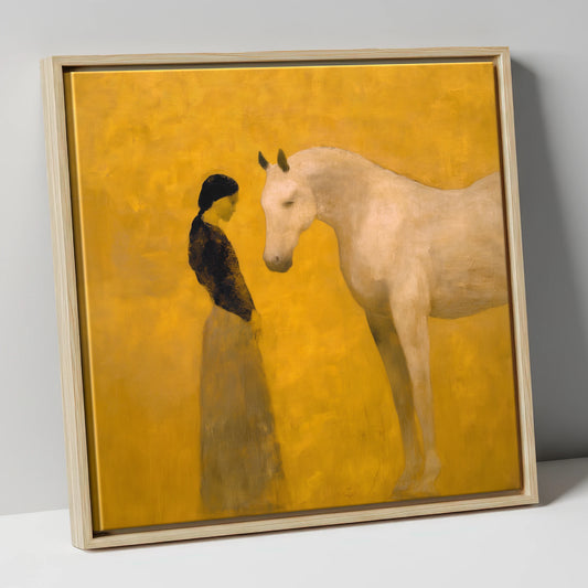A Quiet Kinship horse & rider canvas wall art in natural frame