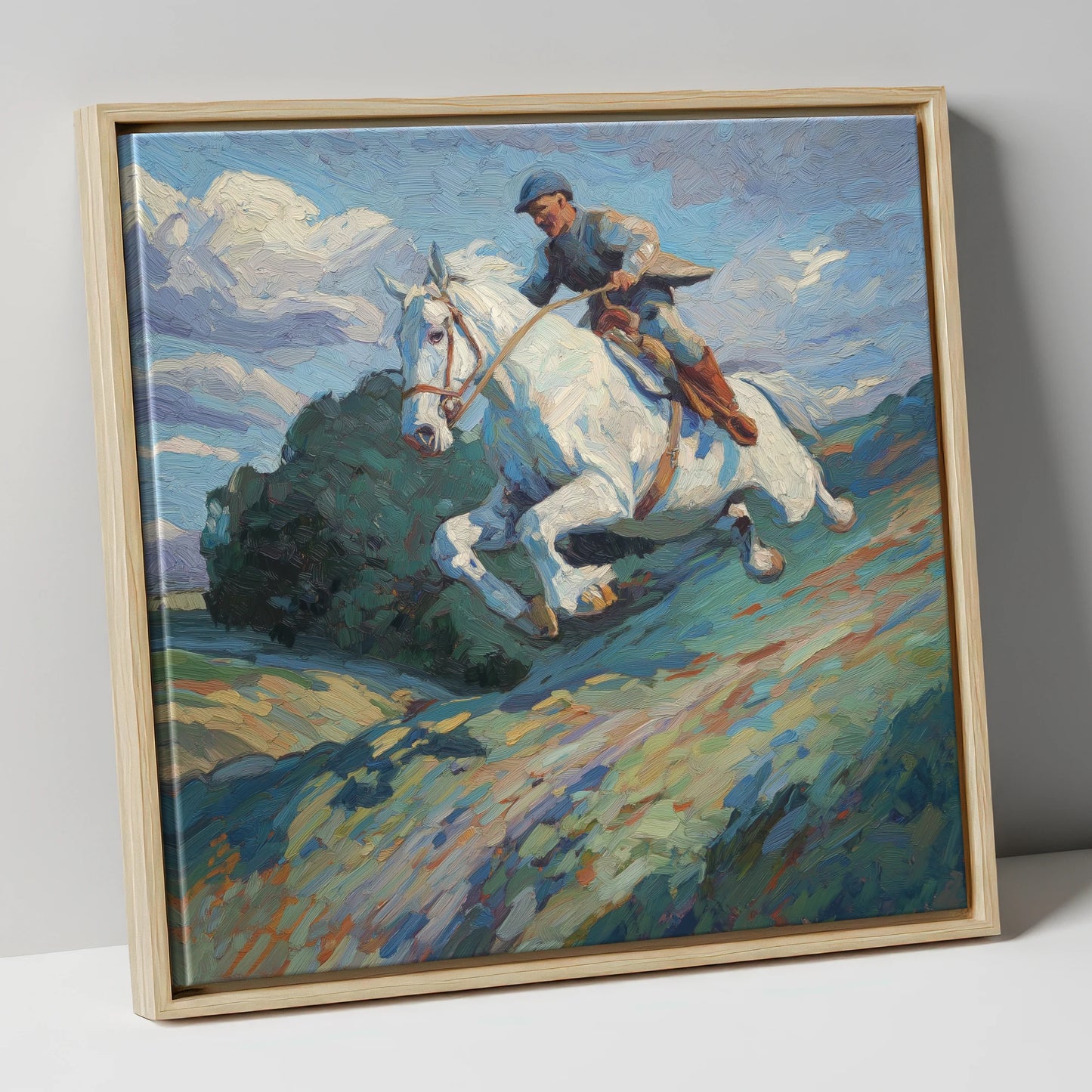 The Boundless Leap show jumping horse canvas wall art in natural frame