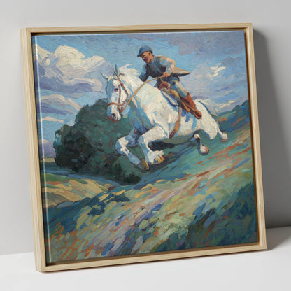 The Boundless Leap show jumping horse canvas wall art in natural frame