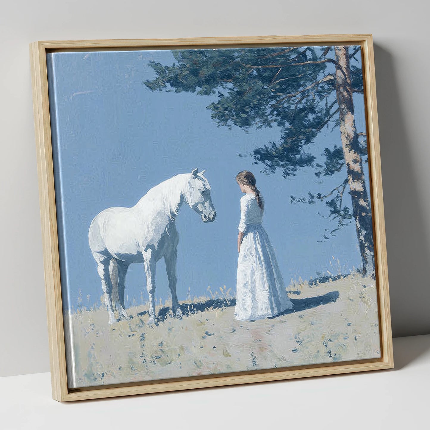 Beneath the Summer Pine horse & rider canvas wall art in natural frame