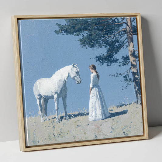 Beneath the Summer Pine horse & rider canvas wall art in natural frame