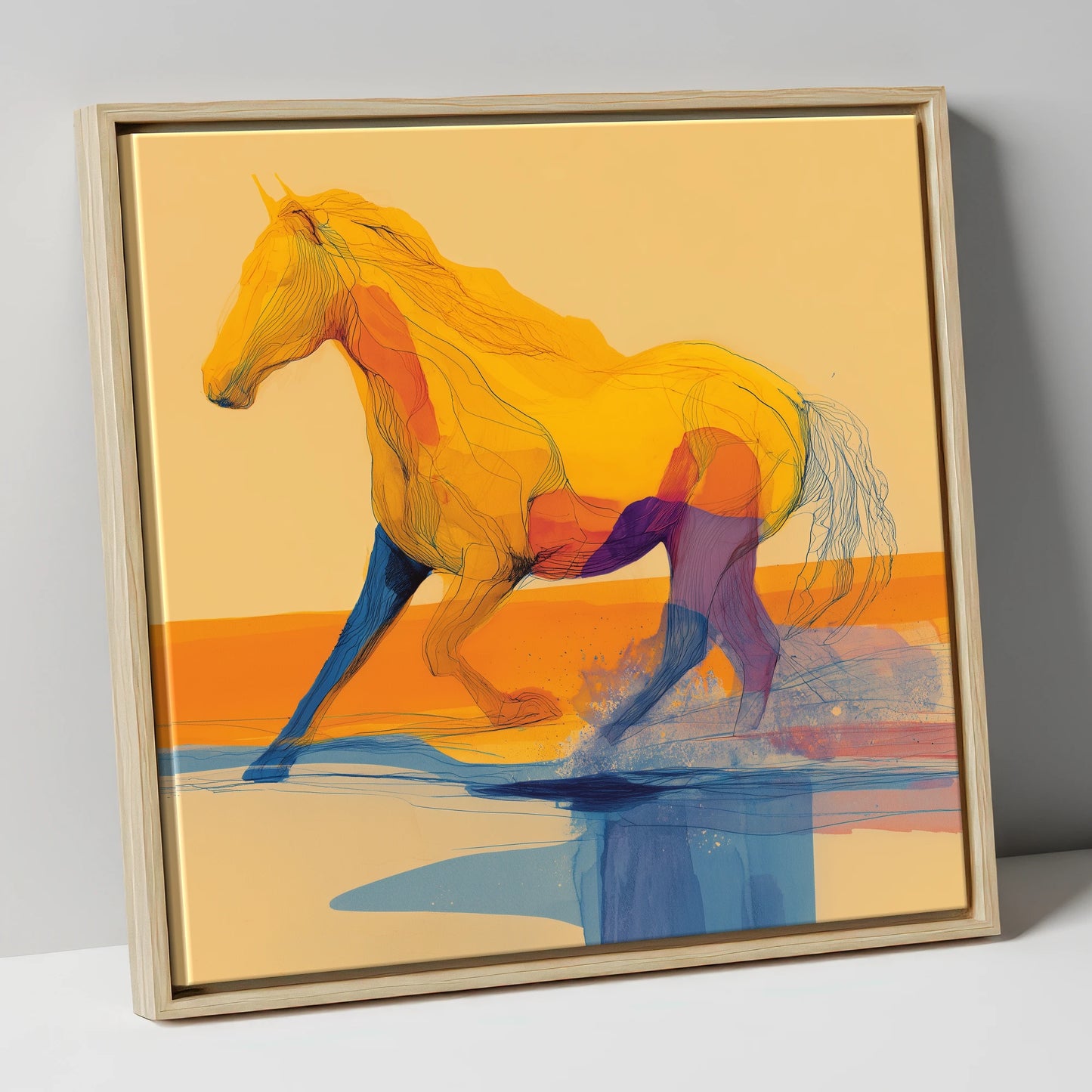Vibrant Coastal Canter beach horse canvas wall art in natural frame