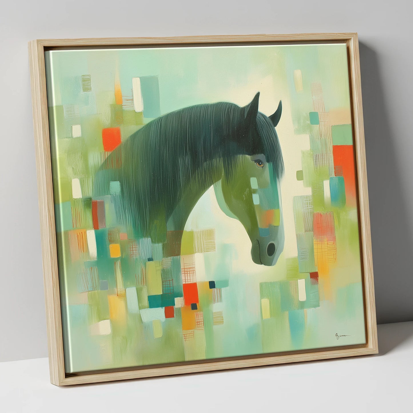 Abstract Equine Harmony horse breed canvas wall art in natural frame