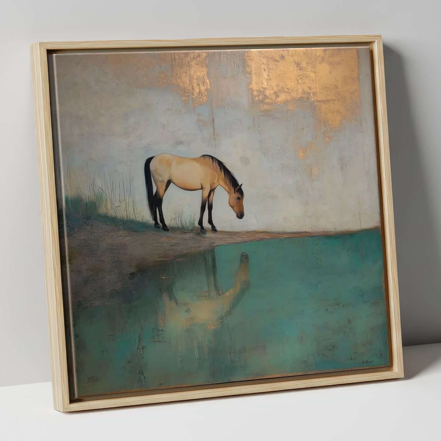 Gilded Equine Reflection horse landscape canvas wall art in natural frame