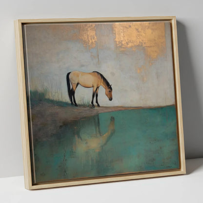 Gilded Equine Reflection horse landscape canvas wall art in natural frame