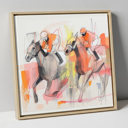 Vibrant Pursuit racing horse canvas wall art in natural frame