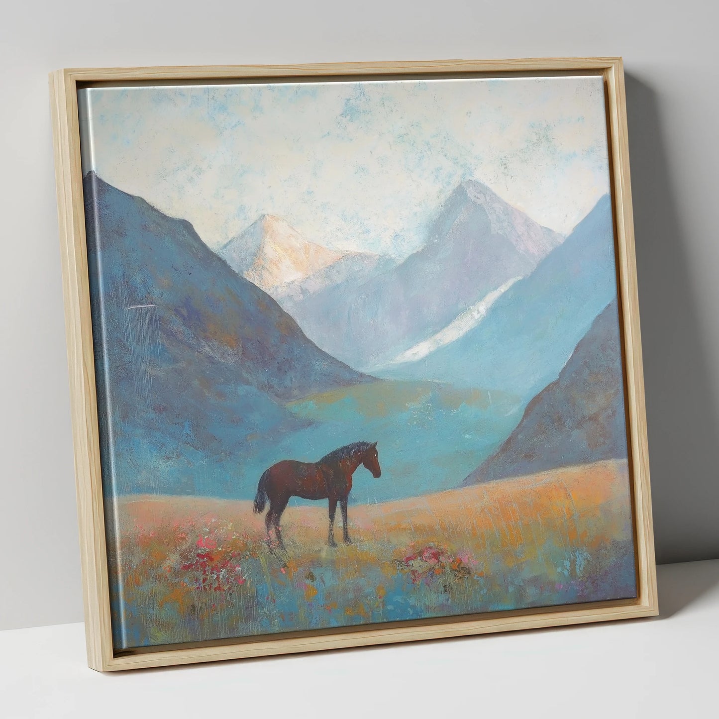 Mountain Solitude horse landscape canvas wall art in natural frame