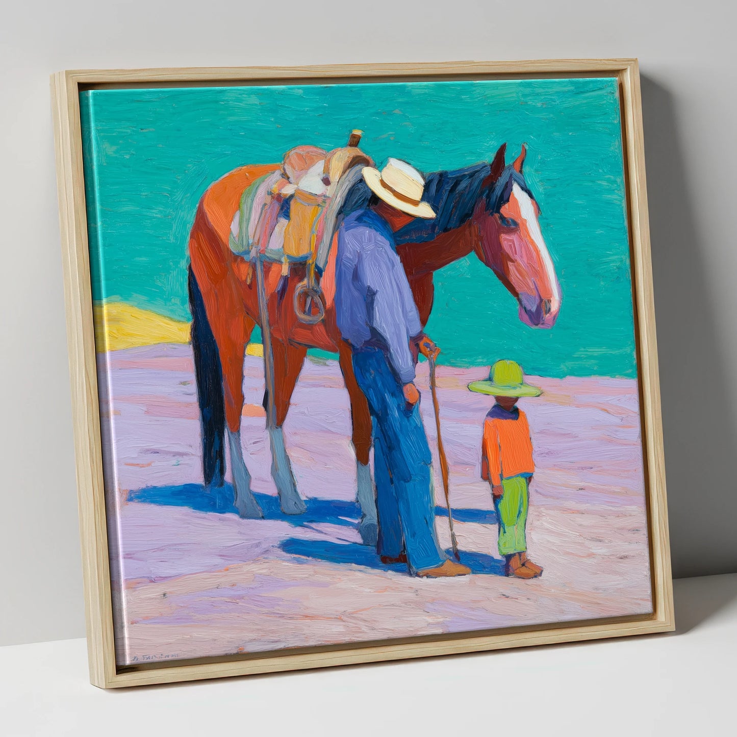 Sunlit Companions horse & rider canvas wall art in natural frame