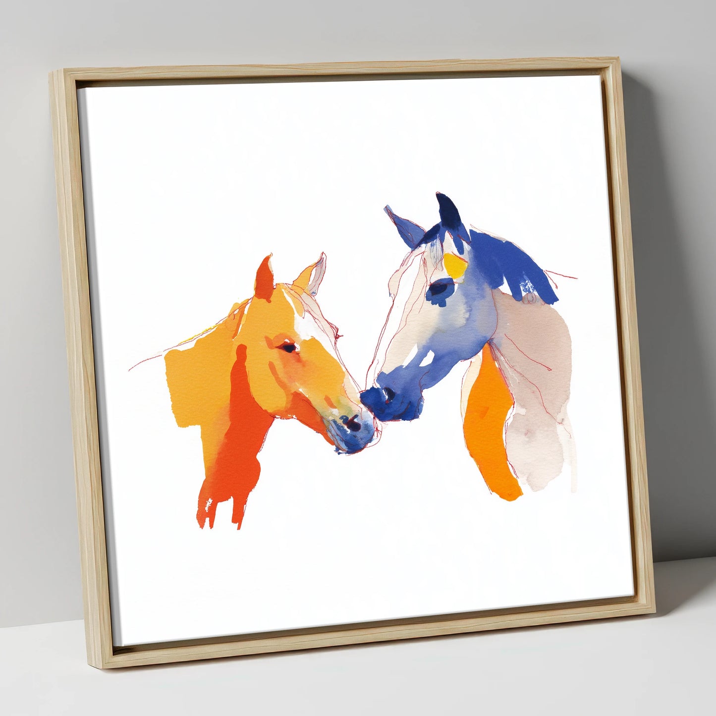 Vibrant Equine Bond horse portrait canvas wall art in natural frame