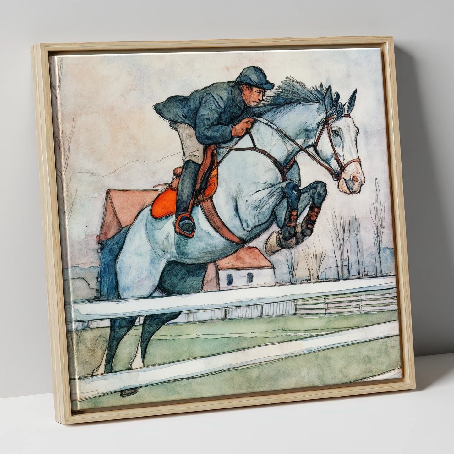 Clearing the Rails show jumping horse canvas wall art in natural frame