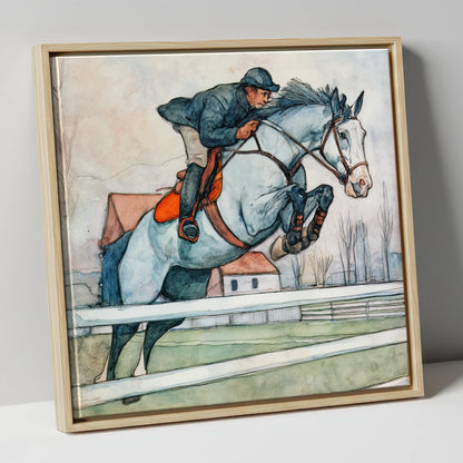 Clearing the Rails show jumping horse canvas wall art in natural frame