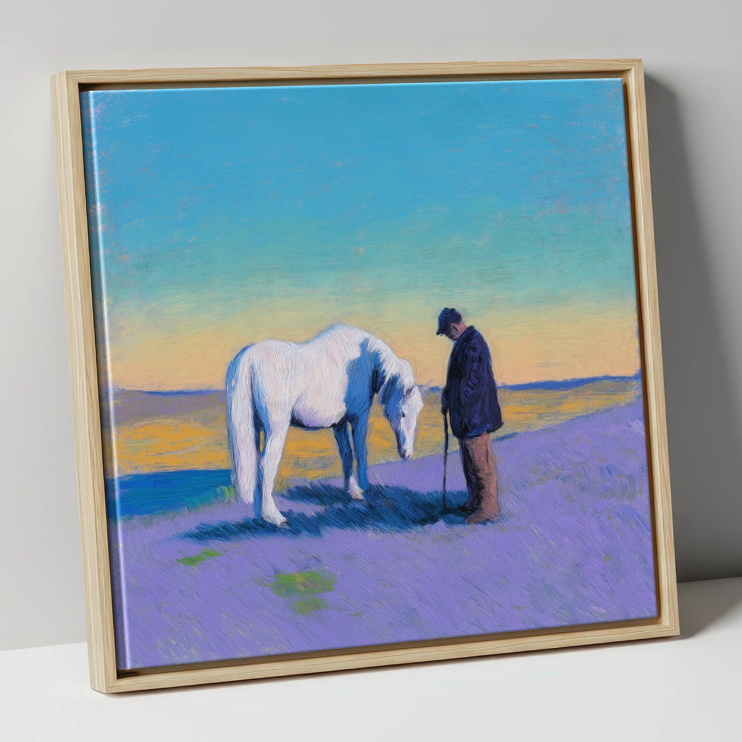 The Silent Bond horse & rider canvas wall art in natural frame