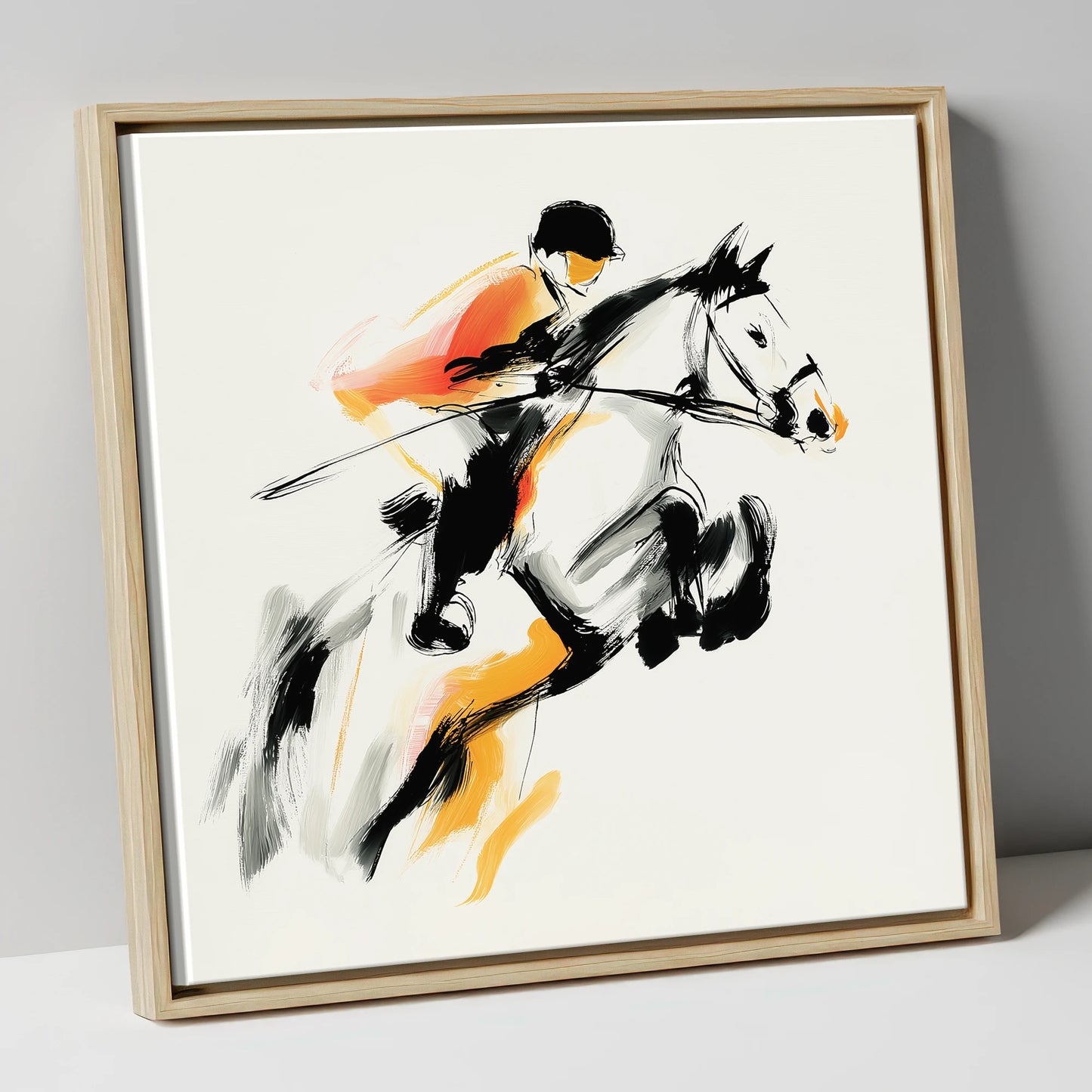 Suspended Momentum show jumping horse canvas wall art in natural frame
