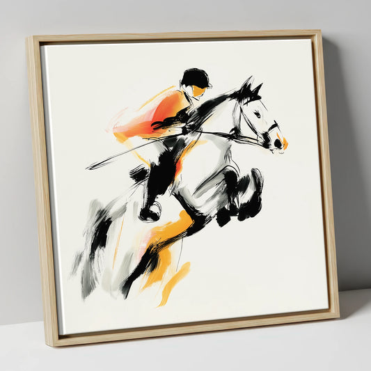 Suspended Momentum show jumping horse canvas wall art in natural frame