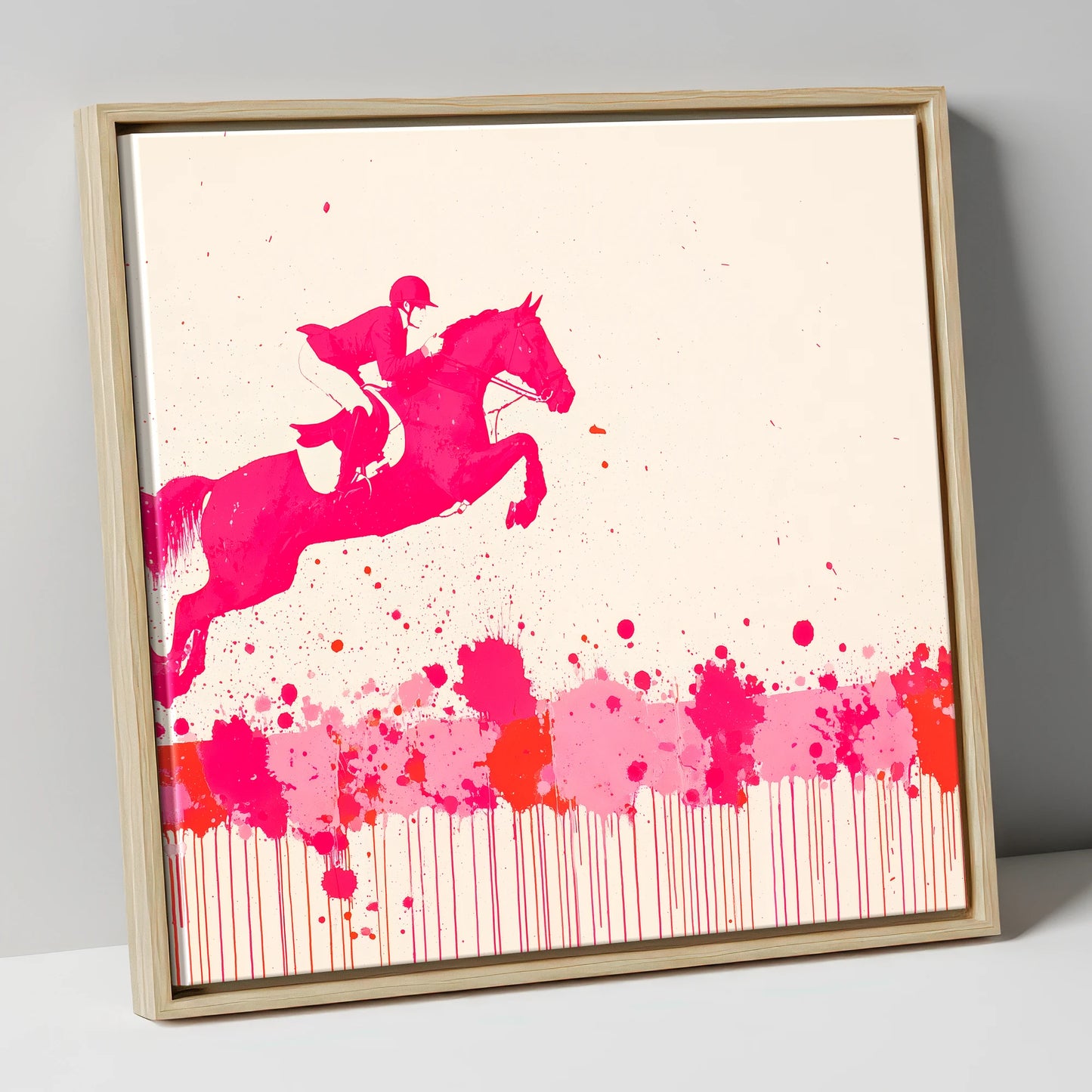 Magenta Flight show jumping horse canvas wall art in natural frame