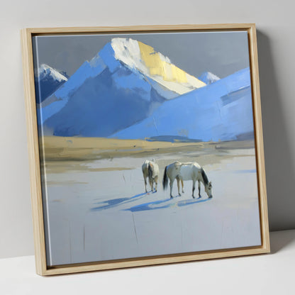 Golden Peak Grazing horse landscape canvas wall art in natural frame