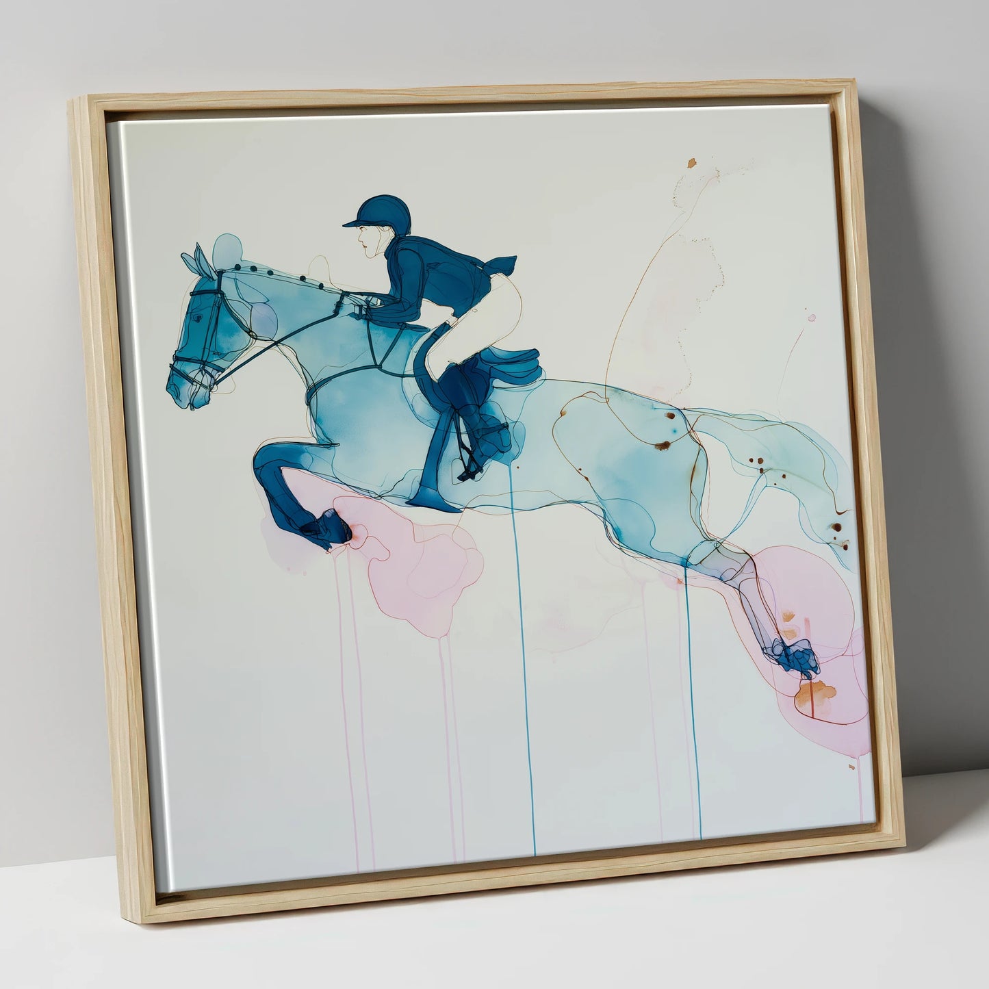 Azure Flight show jumping horse canvas wall art in natural frame