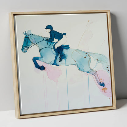 Azure Flight show jumping horse canvas wall art in natural frame